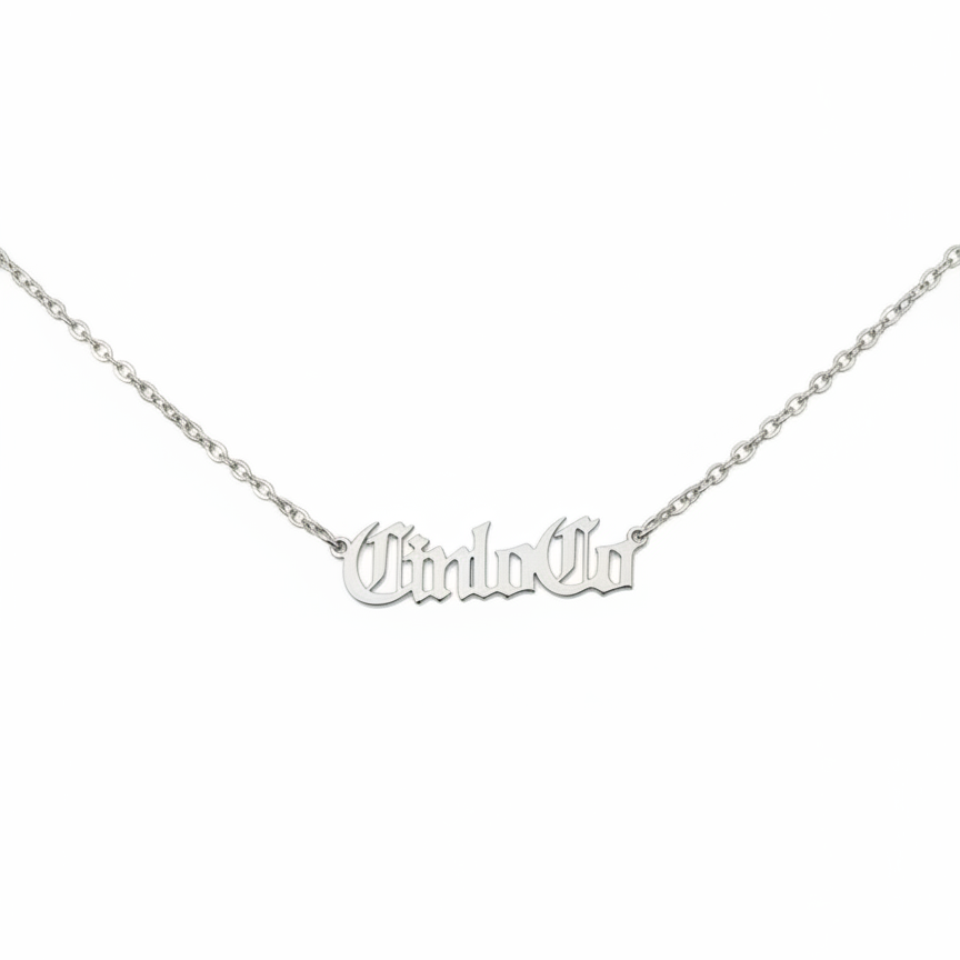 Silver necklace with CUSTOM NAME PLATE pendant on a white background