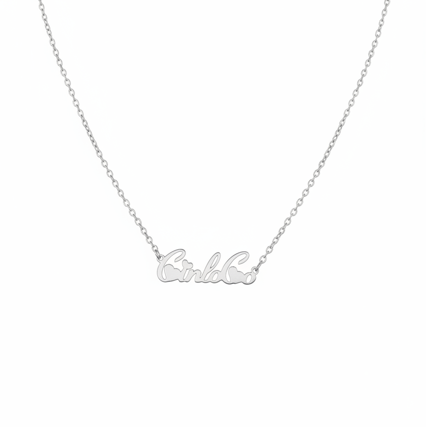Silver necklace with a customizable name plate pendant on a white background
