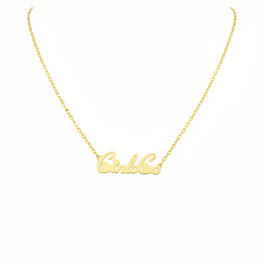Gold necklace with custom pendant on a white background