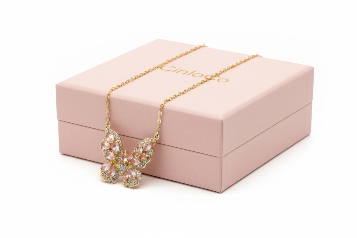 Mary Pink Butterly Gold Necklace