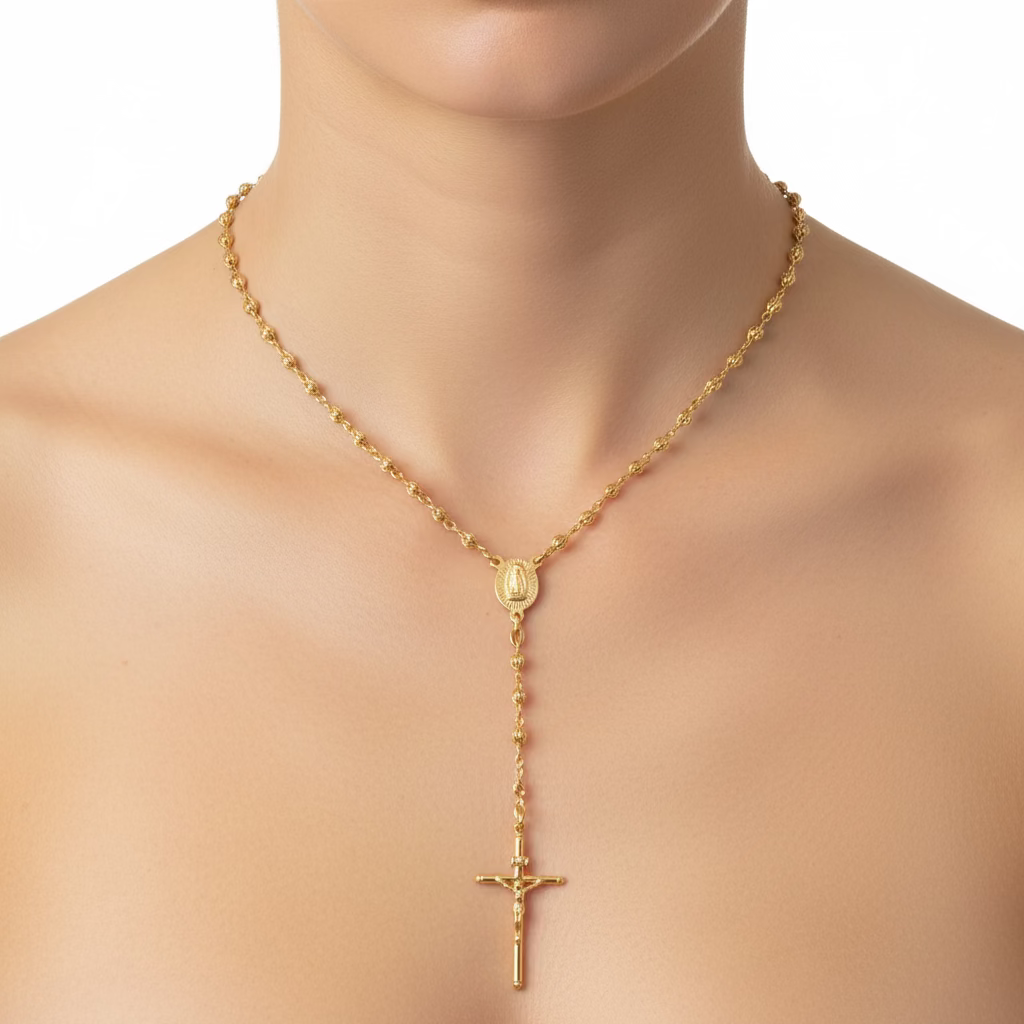 Solid Gold rosary necklace on a model