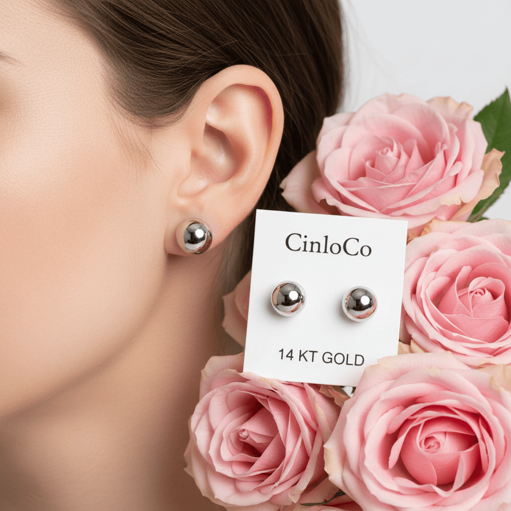 14k White Solid Gold Pinball Earrings