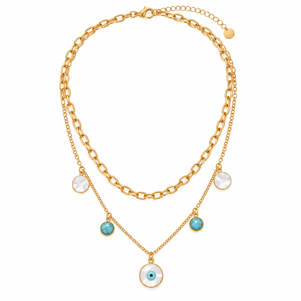 Turquoise Evil Eye Charm Necklace Double Layer Necklace - CinloCo