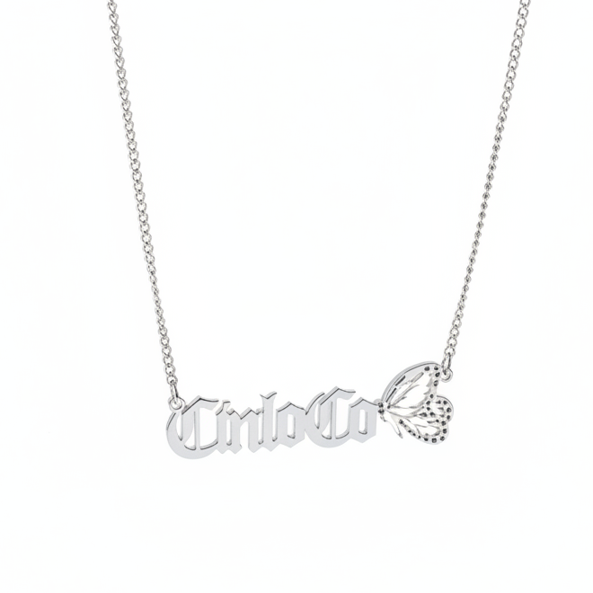 Silver necklace with 'Cirio Co' pendant on a white background