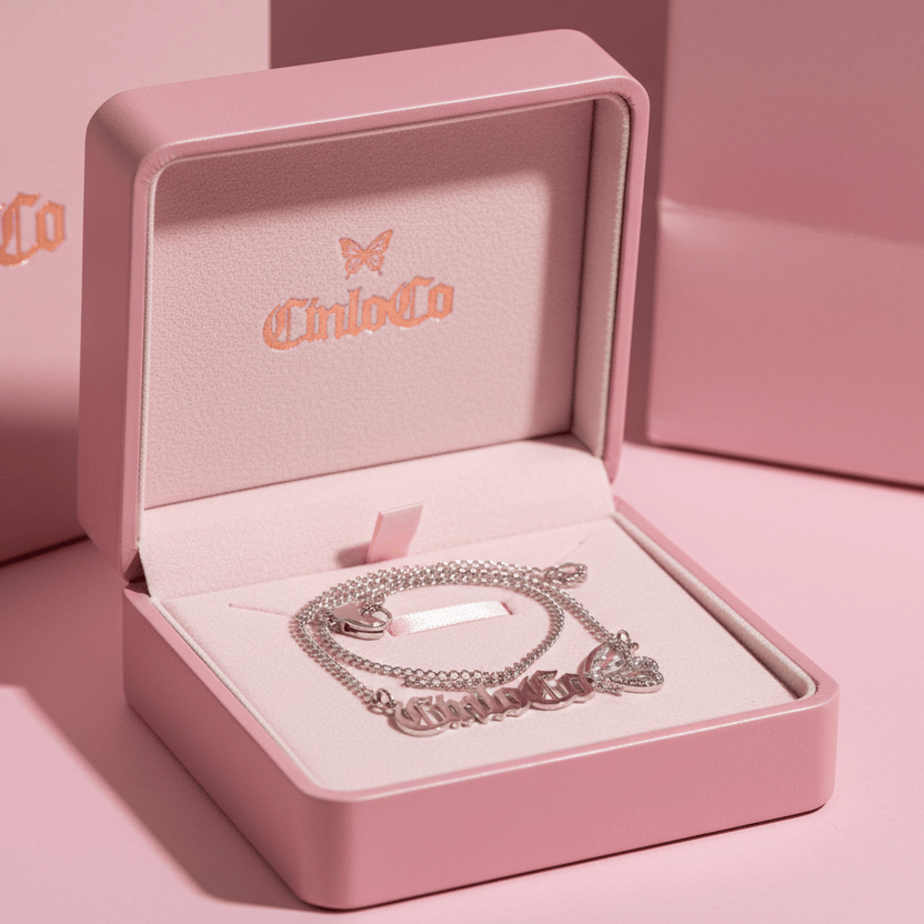 Silver necklace in a pink jewelry box with 'CincoCo' branding.
