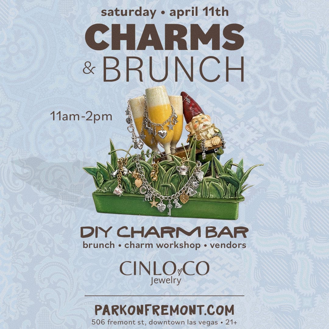 Promotional flyer for 'Charms & Brunch' event with jewelry display on a light blue background.