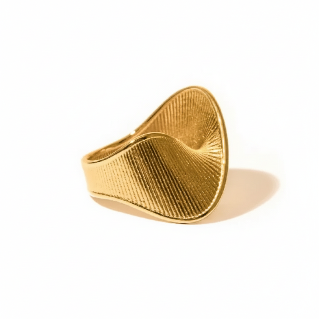 Gold ring with measurements on a white background