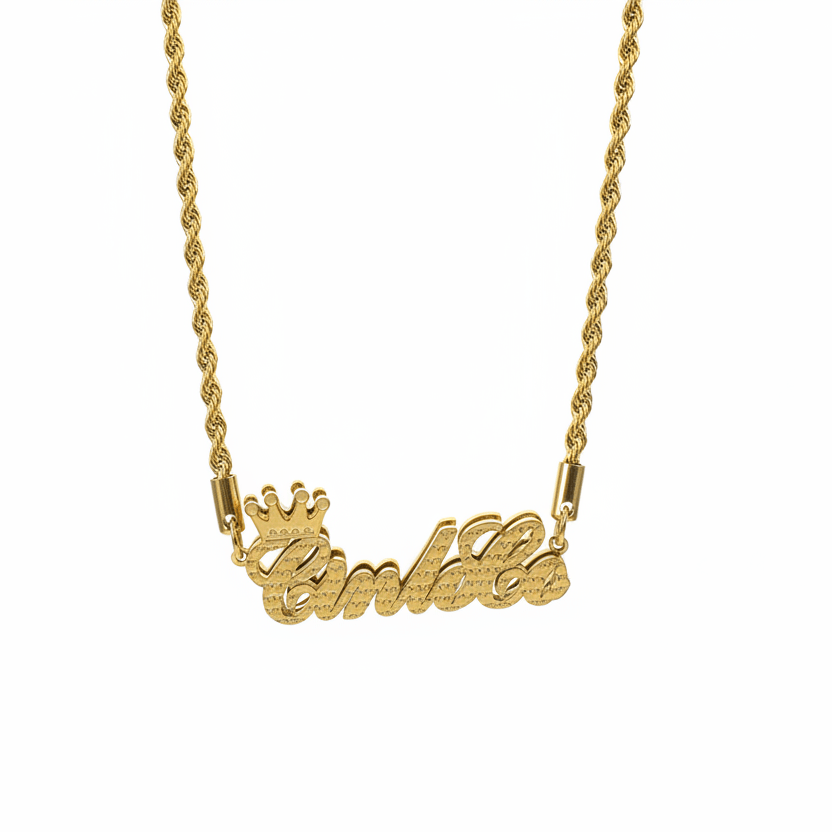 Gold necklace with 'Camila' pendant on a white background