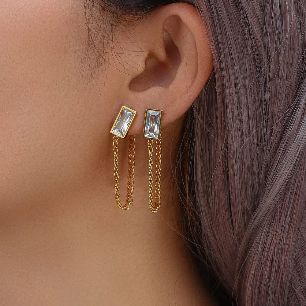 Minimalist CZ, Diamond Stud Chain Tassel Earring - CinloCo