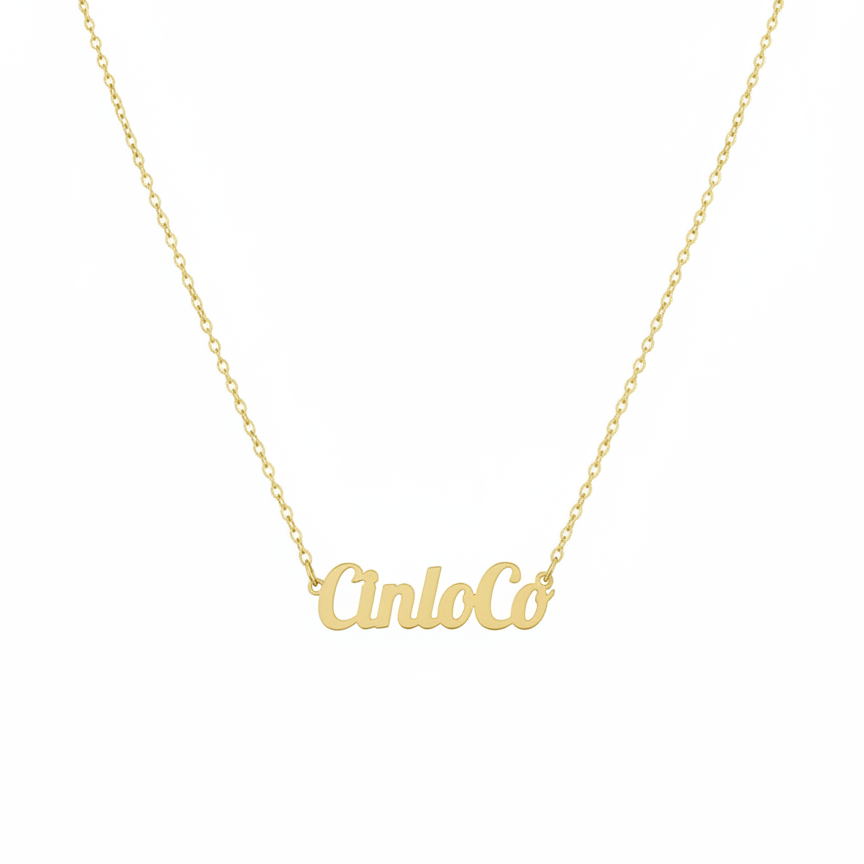 Gold necklace with 'name pendant on a white background