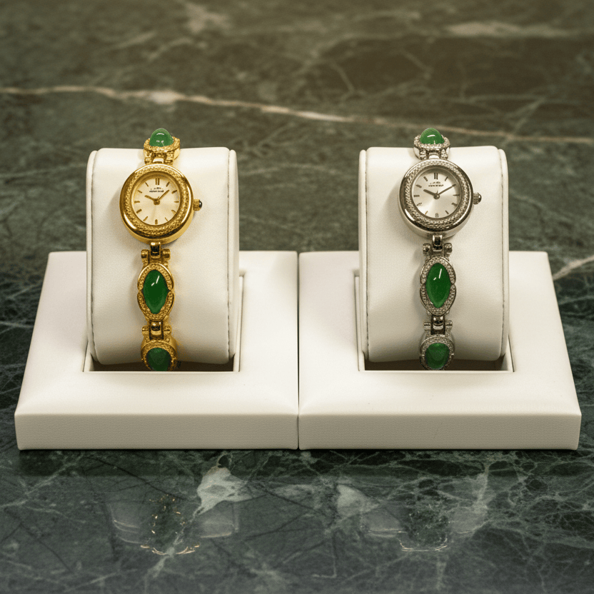 Two elegant watch bracelets displayed on white stands, one in yellow gold and one in silver, both featuring round dials and green emerald-cut stones, set against a dark green marble background.