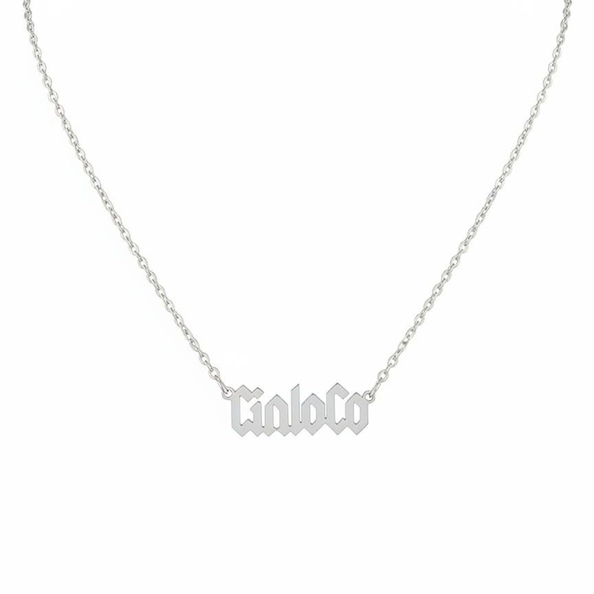 Silver necklace with name plate pendant on a white background