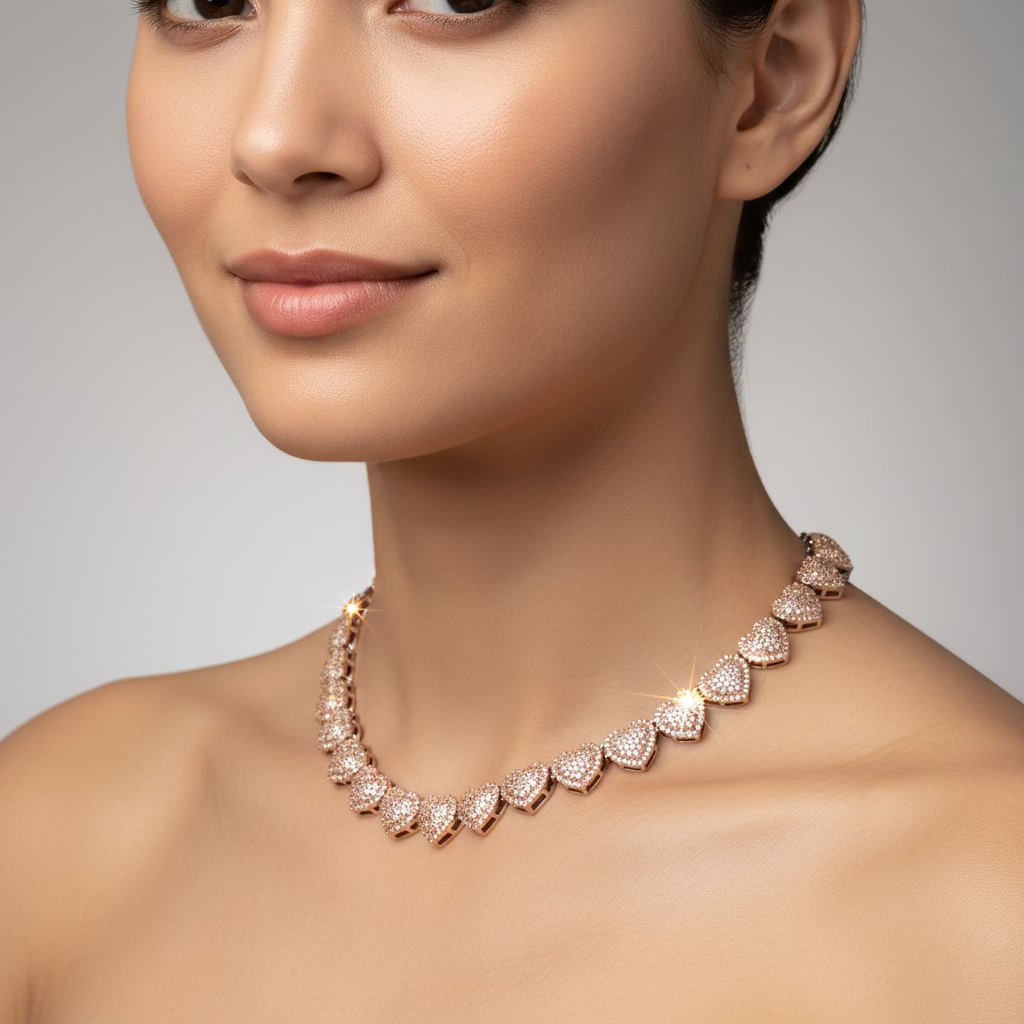 Rose gold necklace with heart-shaped diamonds on a white stand