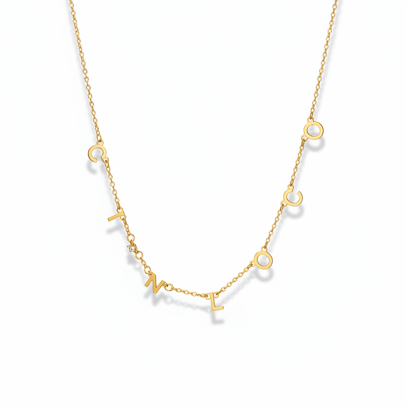 Gold necklace with letter 'W' pendant on a white background