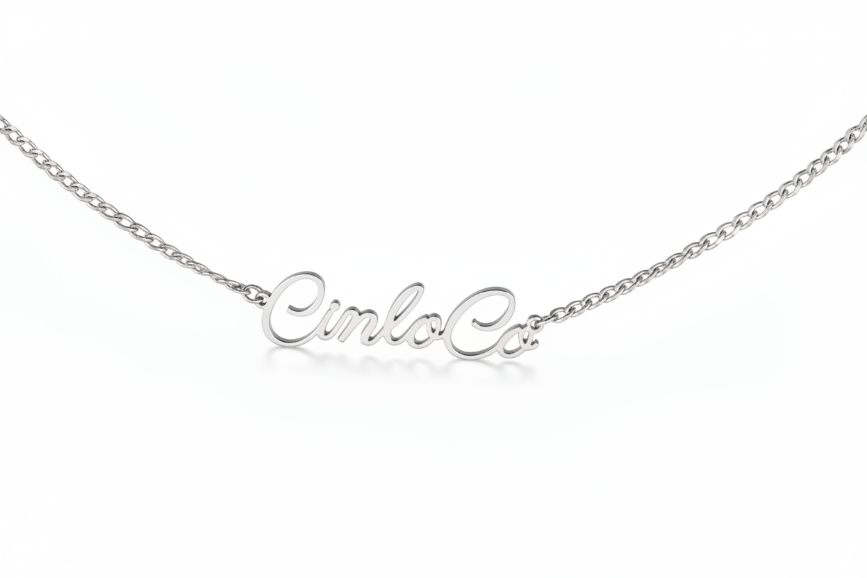 Gold necklace with 'CinloCo' pendant on a white background