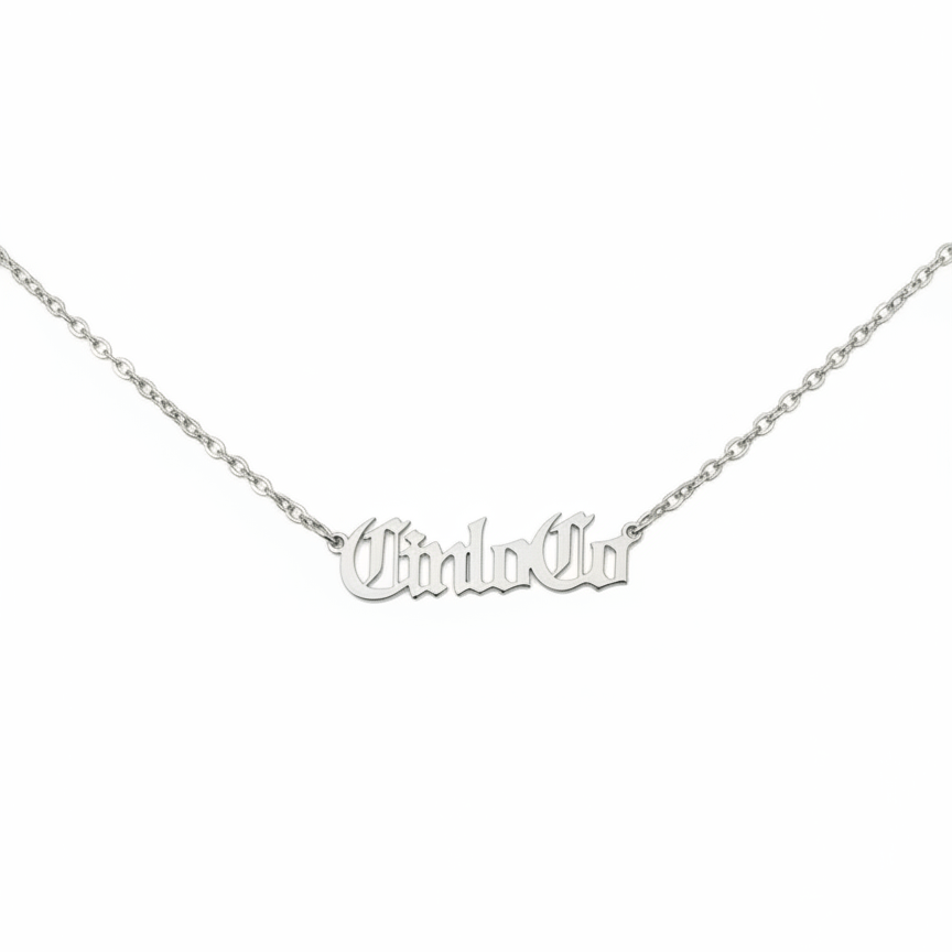Silver necklace with CUSTOM NAME PLATE pendant on a white background