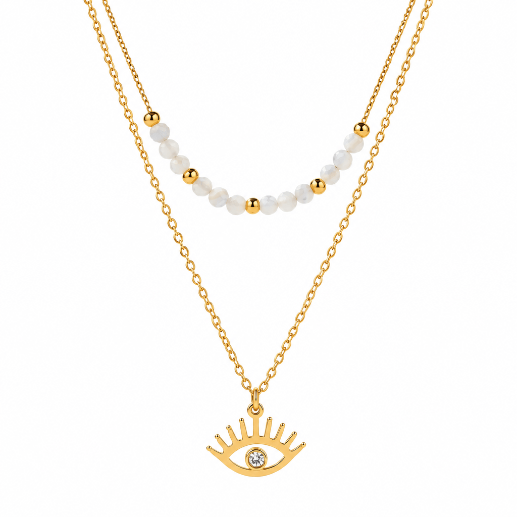 Gold necklace with eye pendant and bead chain on a white background