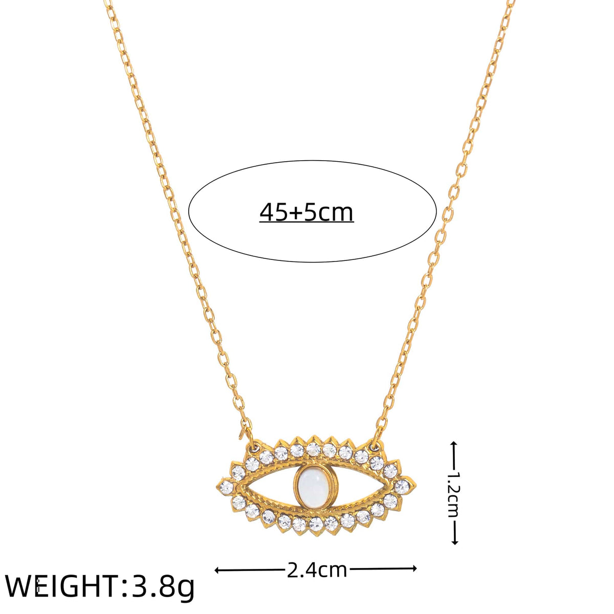Gold-tone evil eye pendant necklace with clear rhinestones and a white faux-pearl center, shown on a white background with overlaid dimensions (45+5cm chain, 1.2cm pendant height, 2.