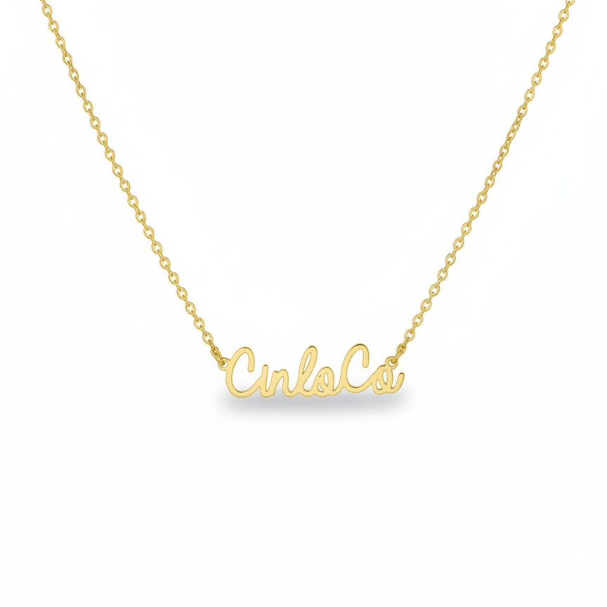 Gold necklace with customizable name plate pendant on a white background