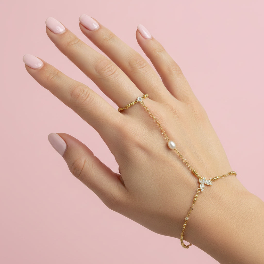 Pearl and Butterfly Gold Handchain - CinloCo