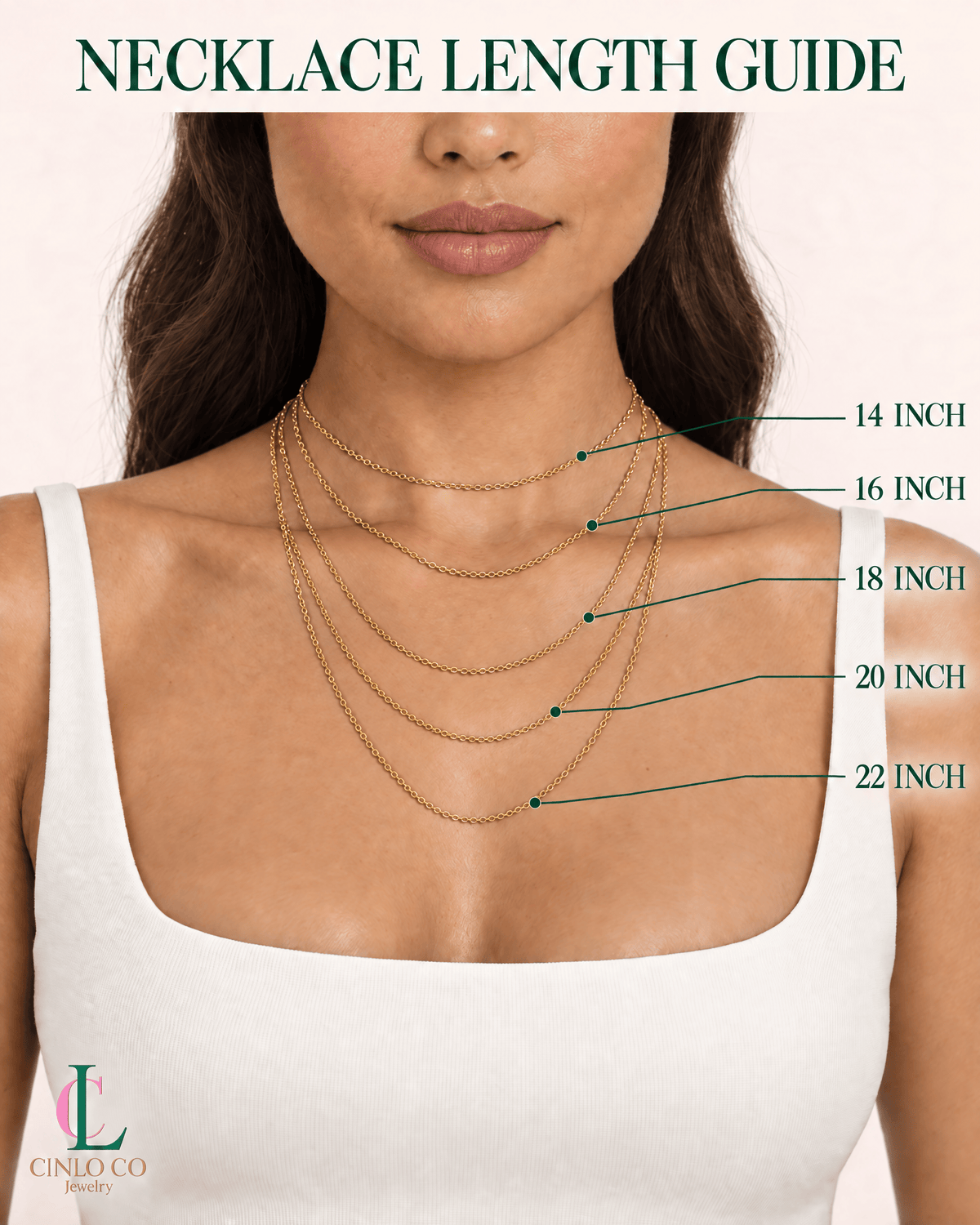 A necklace length guide graphic showing a woman from the shoulders to below the chest wearing multiple layered gold necklaces. Dark green text labels indicate different necklace lengths: 14 inch, 16 inch, 18 inch, 20 inch, 22 inch.