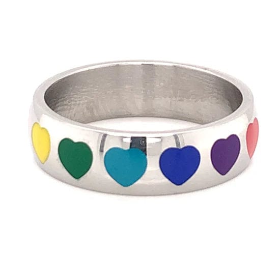 Rainbow Hearts Silver Ring Band - CinloCo