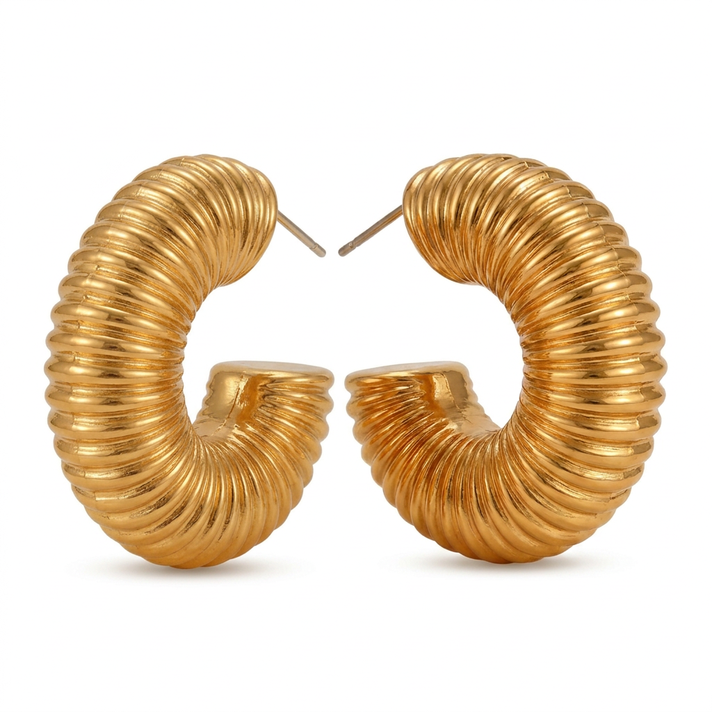 Ribbed gold chunky hoop earrings with both stud posts visible on a white background