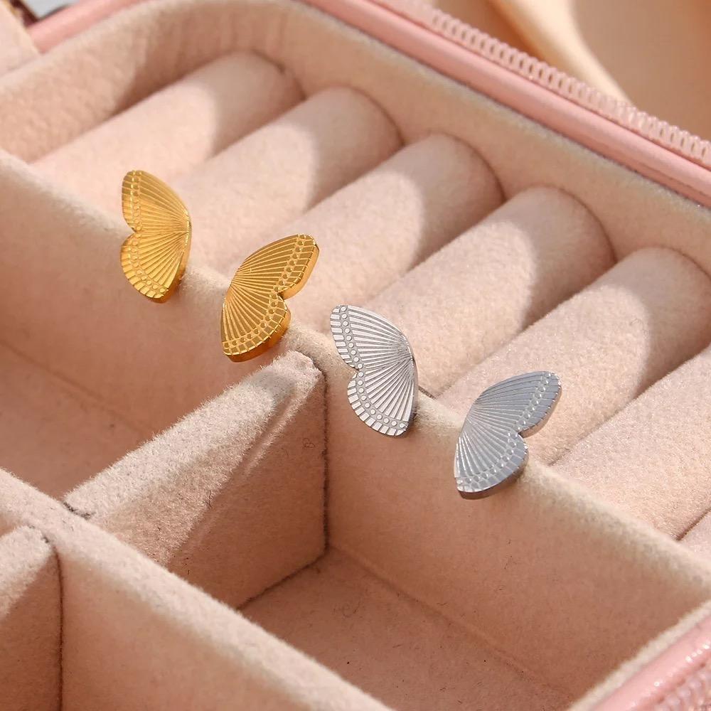 gold and silver butterfly wing double stud earrings - CinloCo