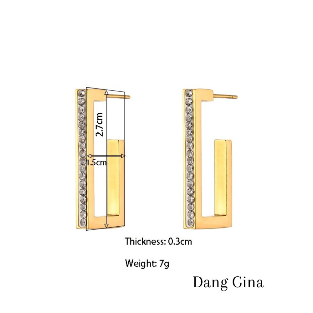 Gold rectangular hoop earrings with rhinestones