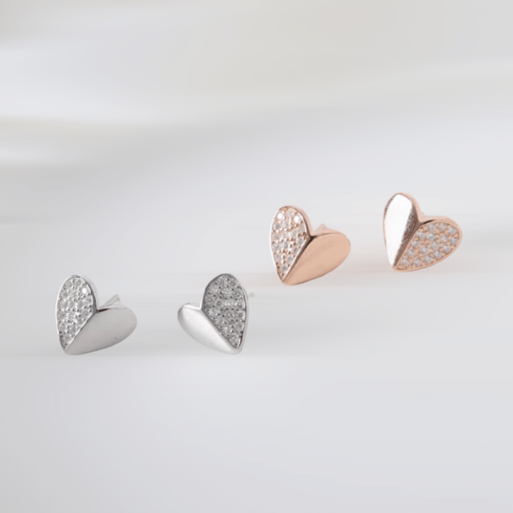 Half & Half Stud Heart Earrings - CinloCo