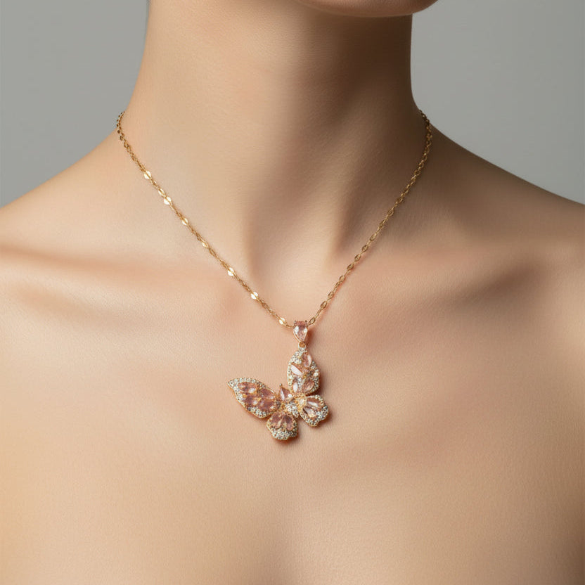 Jewelry necklace on a display card held by a hand