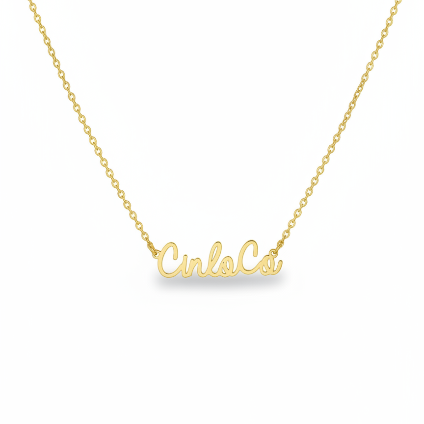 Gold necklace with customizable name plate pendant on a white background