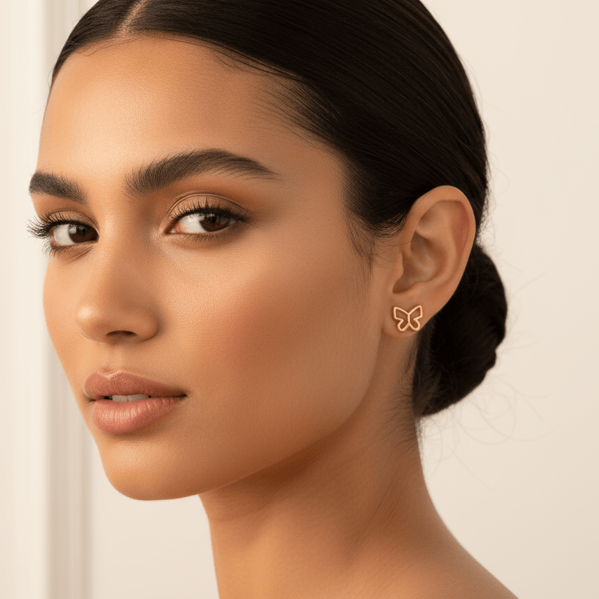 Woman wearing butterfly earrings against a neutral background