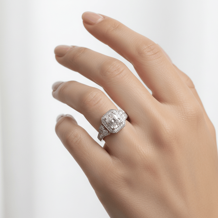 Hand wearing a diamond ring on a light background