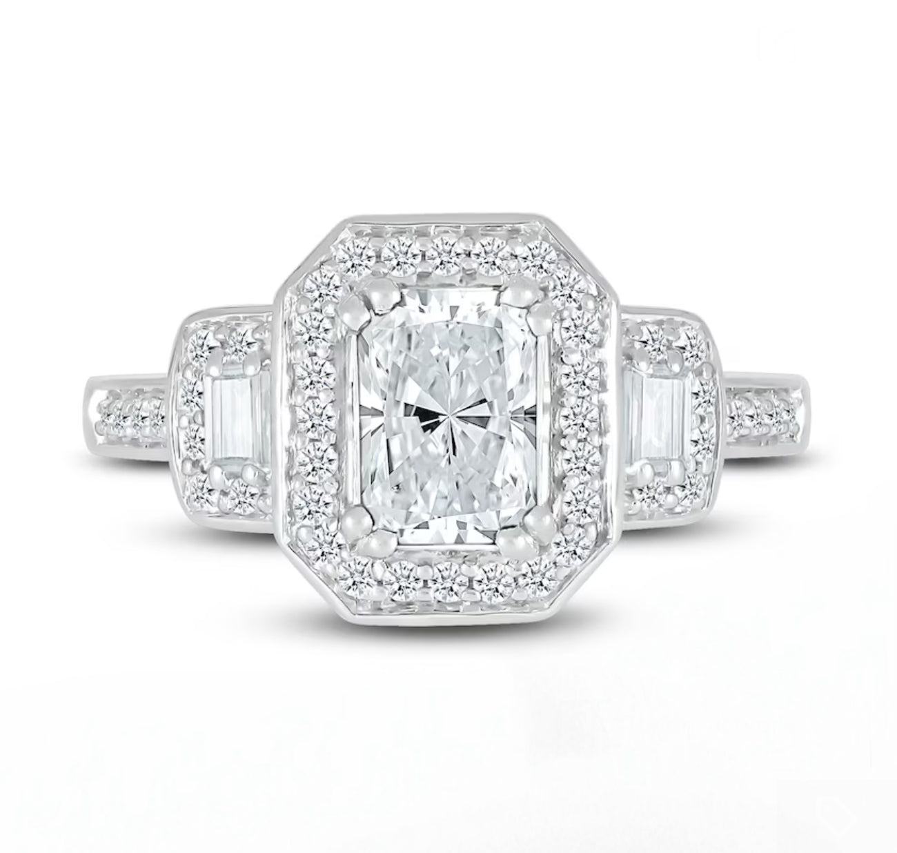 Diamond ring with a central gemstone and smaller diamonds on a white background