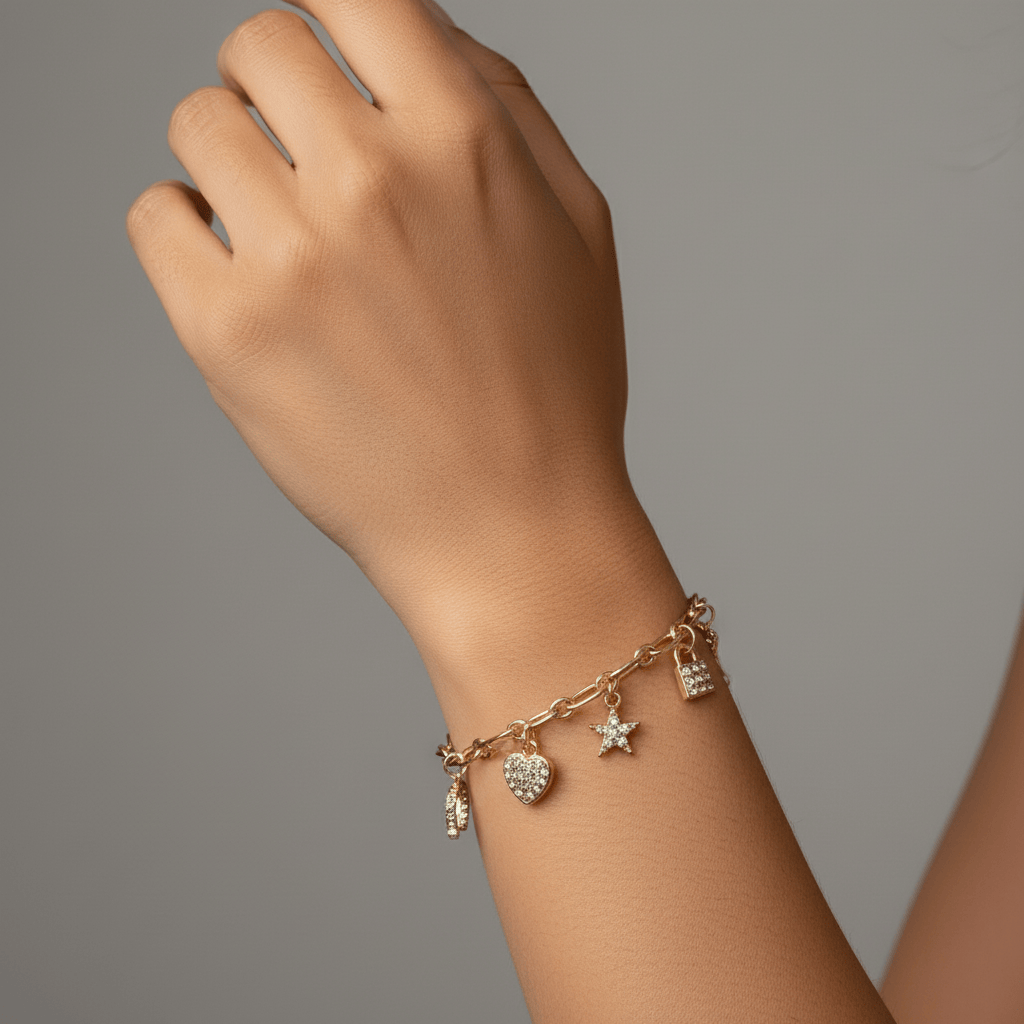 Hand wearing a gold bracelet with charms on a neutral background