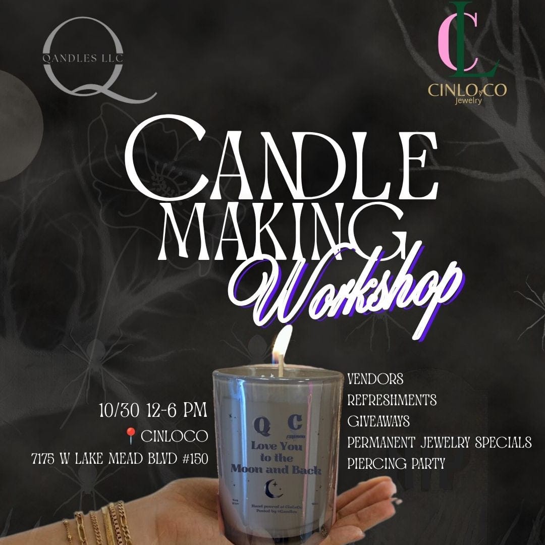 Promotional flyer for a 'Candle Making Workshop' at Cinlogo Jewelry, featuring a hand holding a silver candle with a lit wick in the foreground, set against a dark textured background with white text and decorative elements.