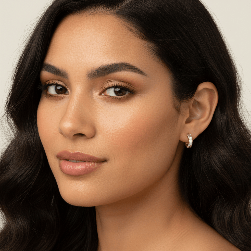 Close-up of a woman with dark hair and a gold earring against a neutral background