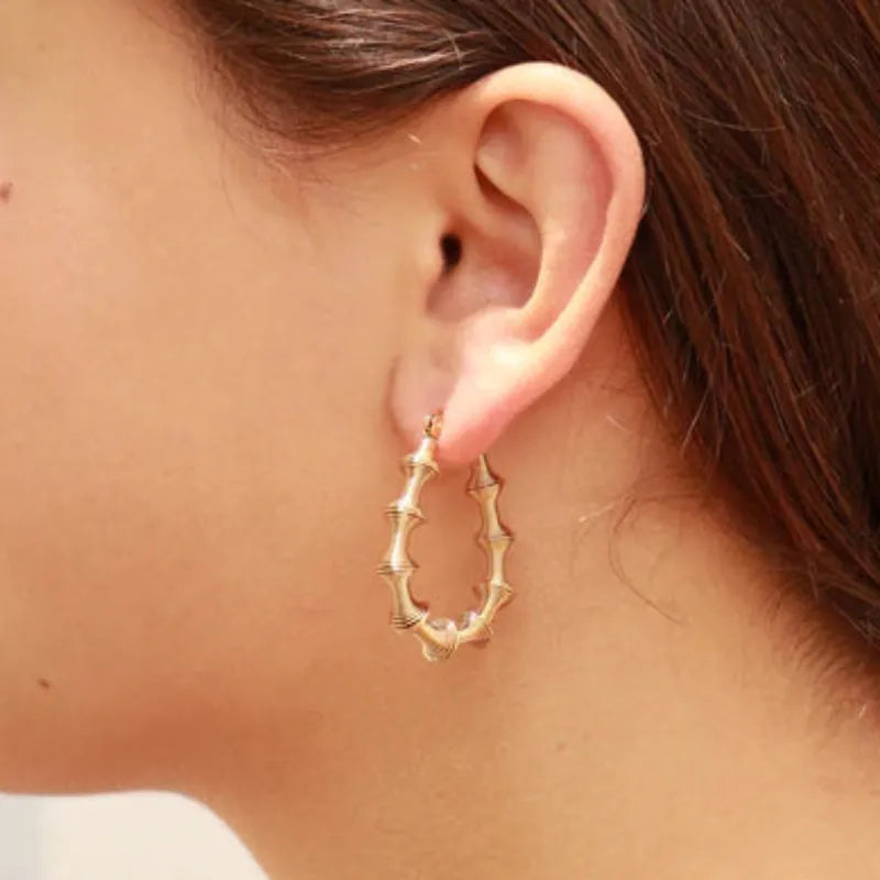 Close-up of a person wearing gold hoop earrings with a blurred background