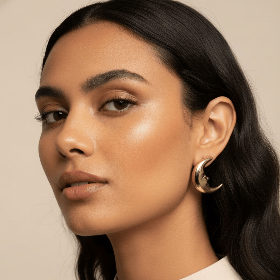 Woman wearing gold crescent earrings against a neutral background