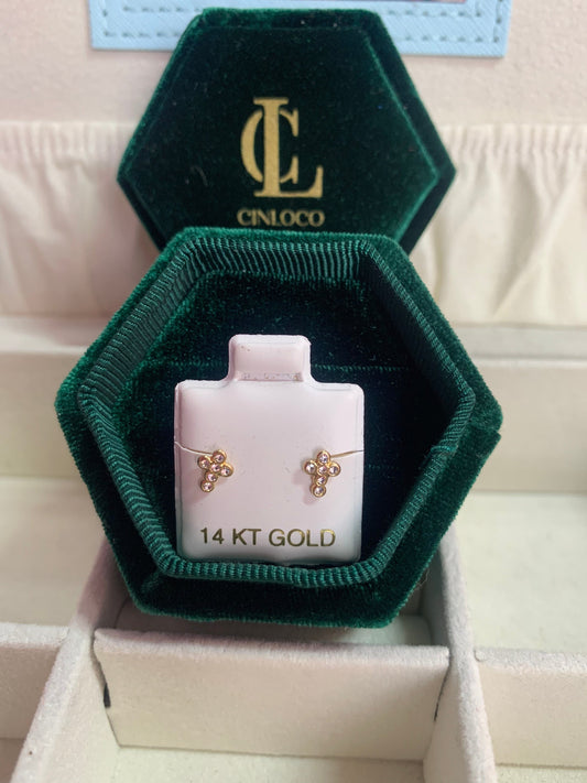 14k Solid Gold Dainty Bling Cross Earring - CinloCo