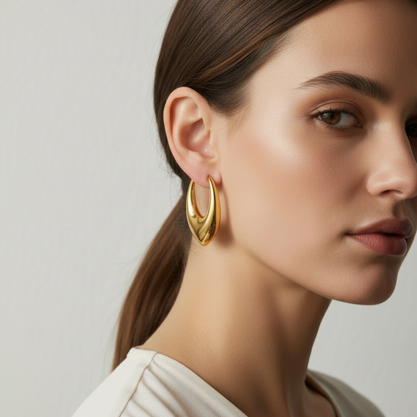 Gold hoop earrings on a white background