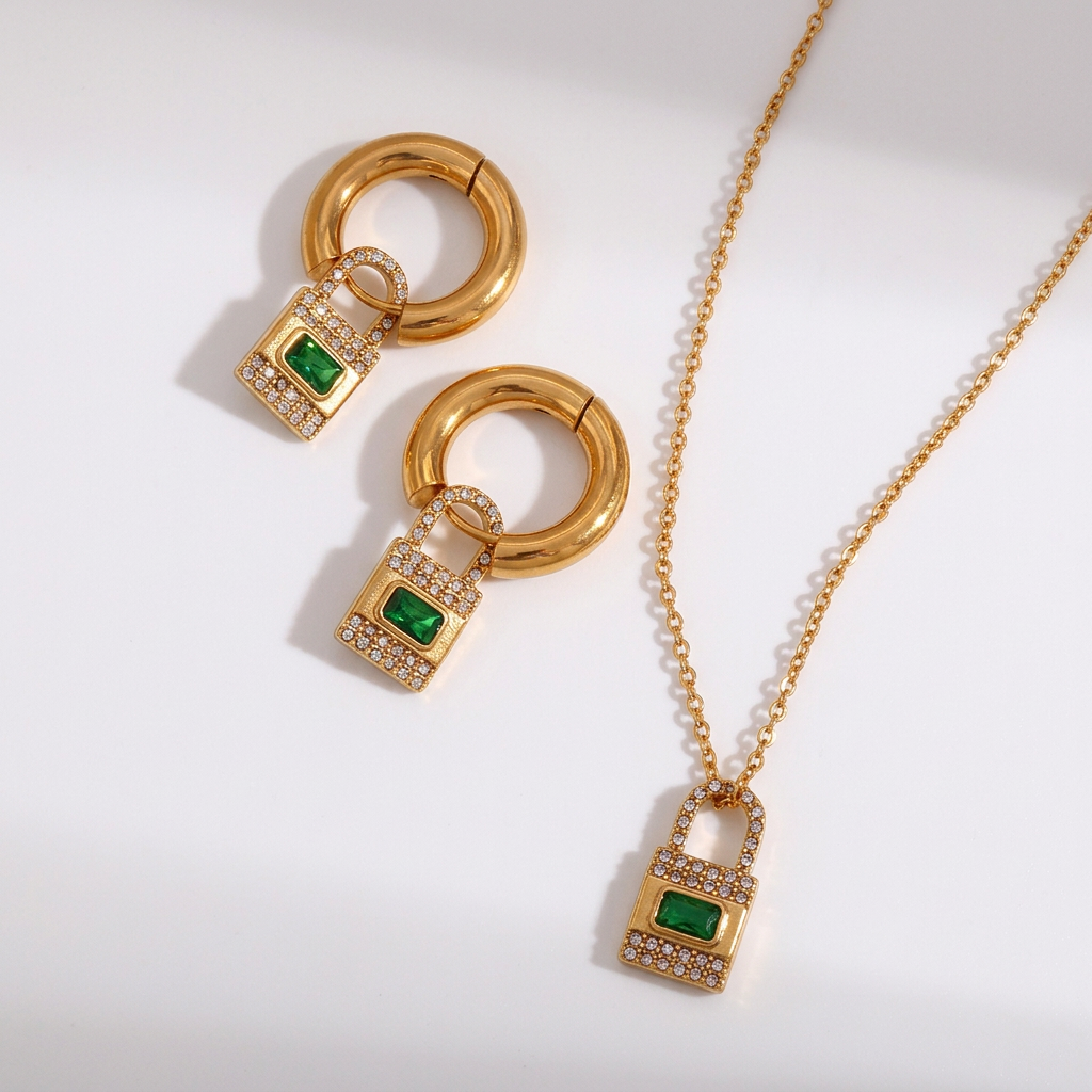 Emerald Gold-Plated Necklace and Huggie Earring Set - CinloCo