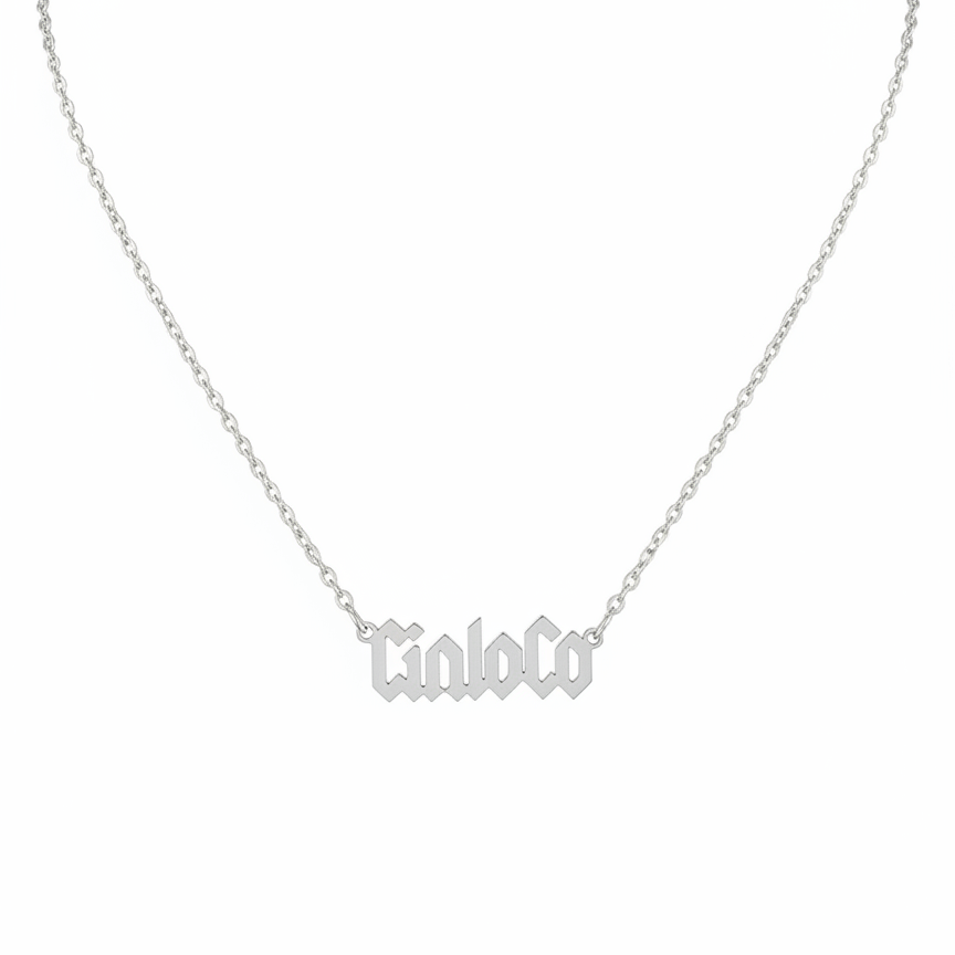 Silver necklace with name plate pendant on a white background