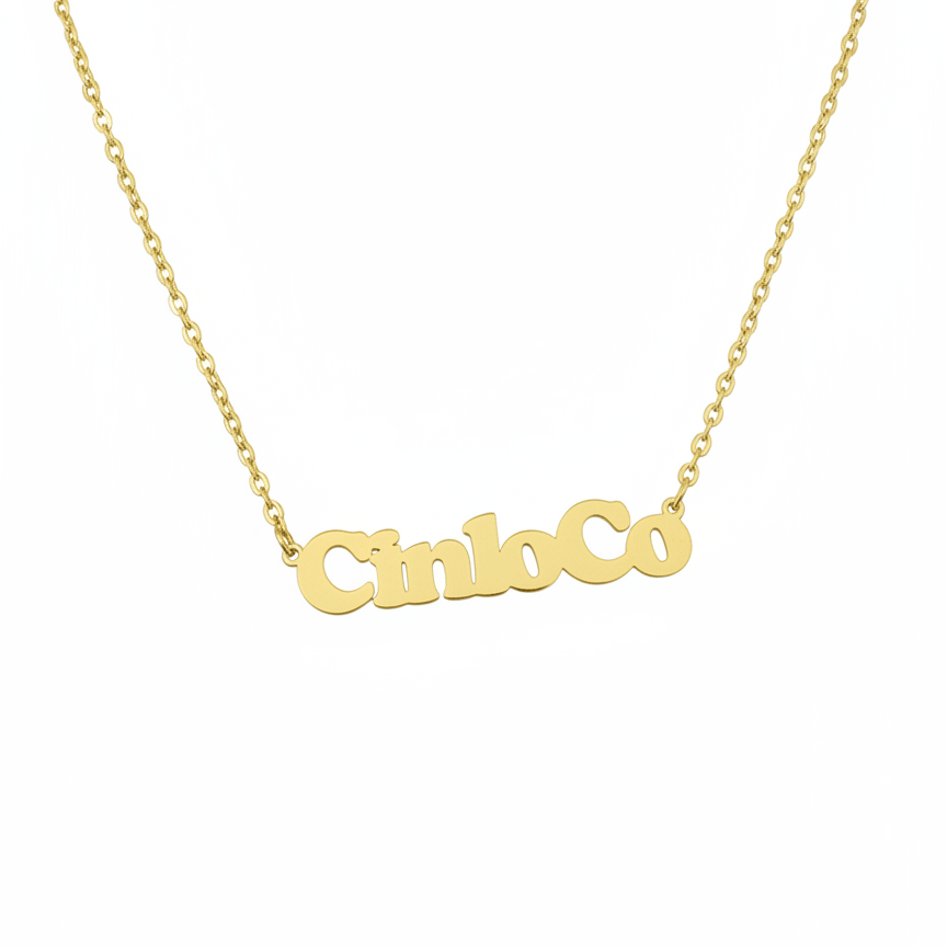 Gold necklace with 'CincoCo' pendant on a white background