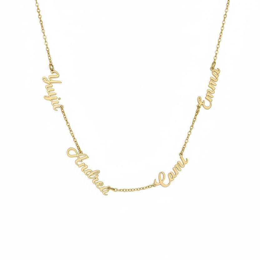 Gold necklace with script-style names on a white background