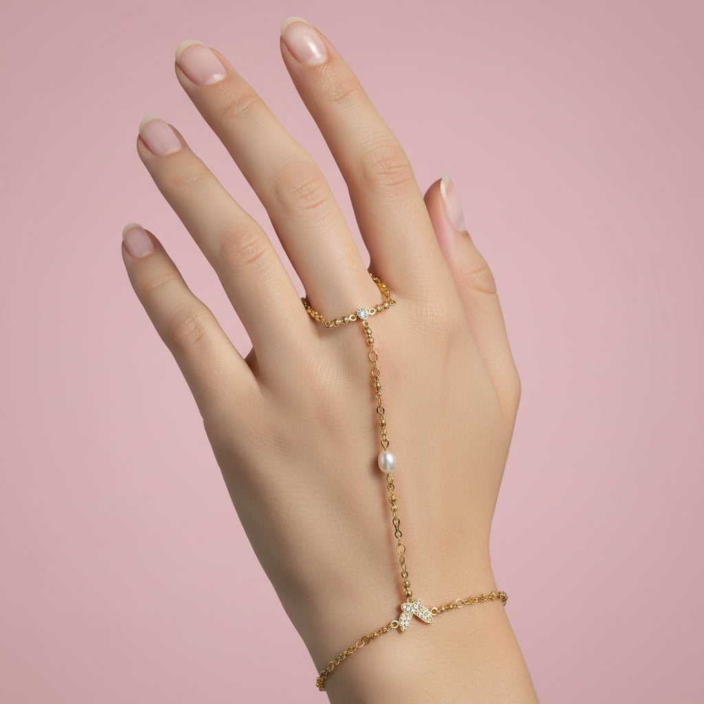 Pearl and Butterfly Gold Handchain - CinloCo