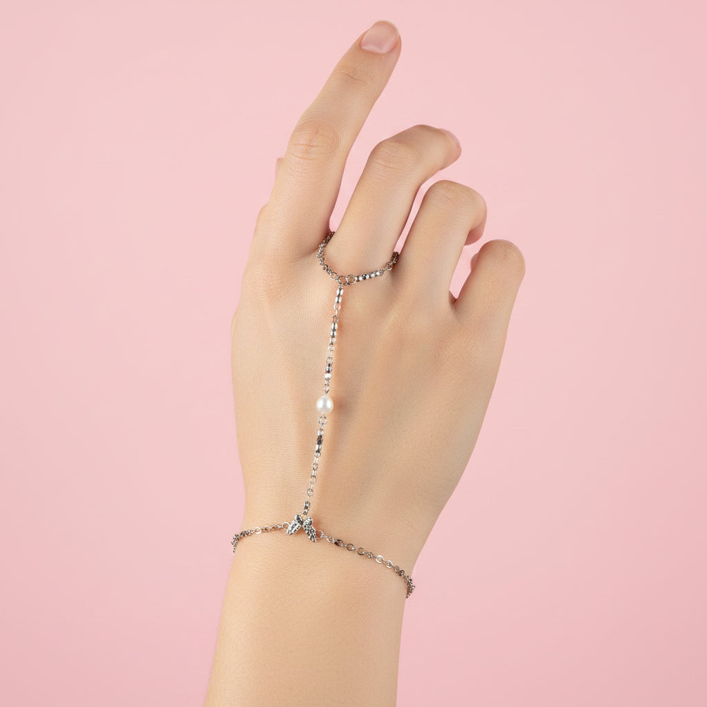 Pearl and Butterfly Silver Handchain - CinloCo