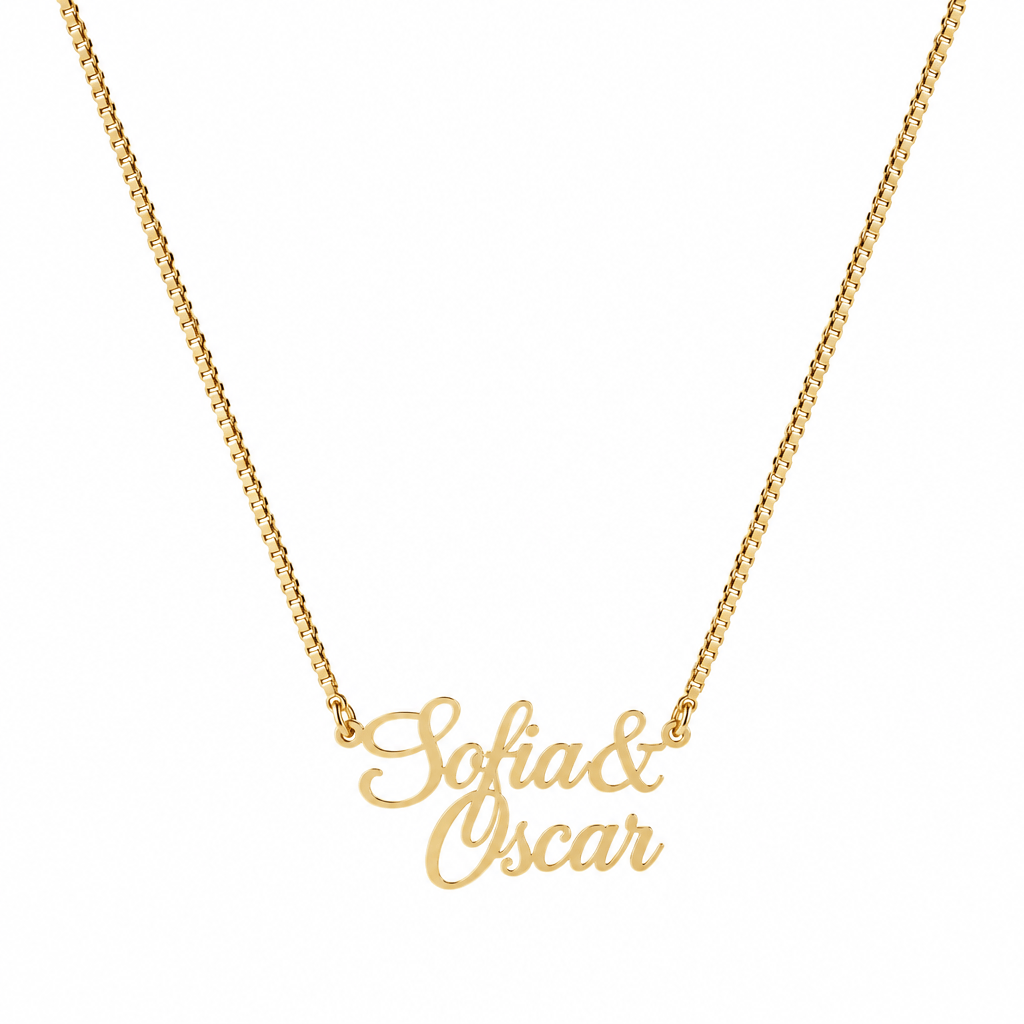 A gold chain necklace with a personalized script pendant reading 'Sofia& Oscar' on a plain white background.