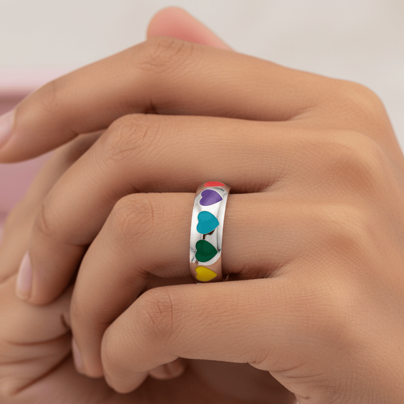 Rainbow Hearts Silver Ring Band